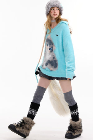 Cat Print V-Neck Polo Light Blue Sweater