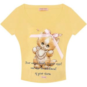 Cat Print V-Neck T-Shirt