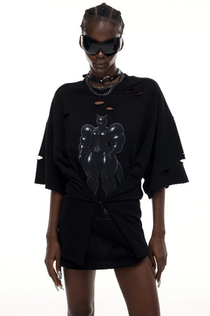 Cat Print Waist Black T-Shirt