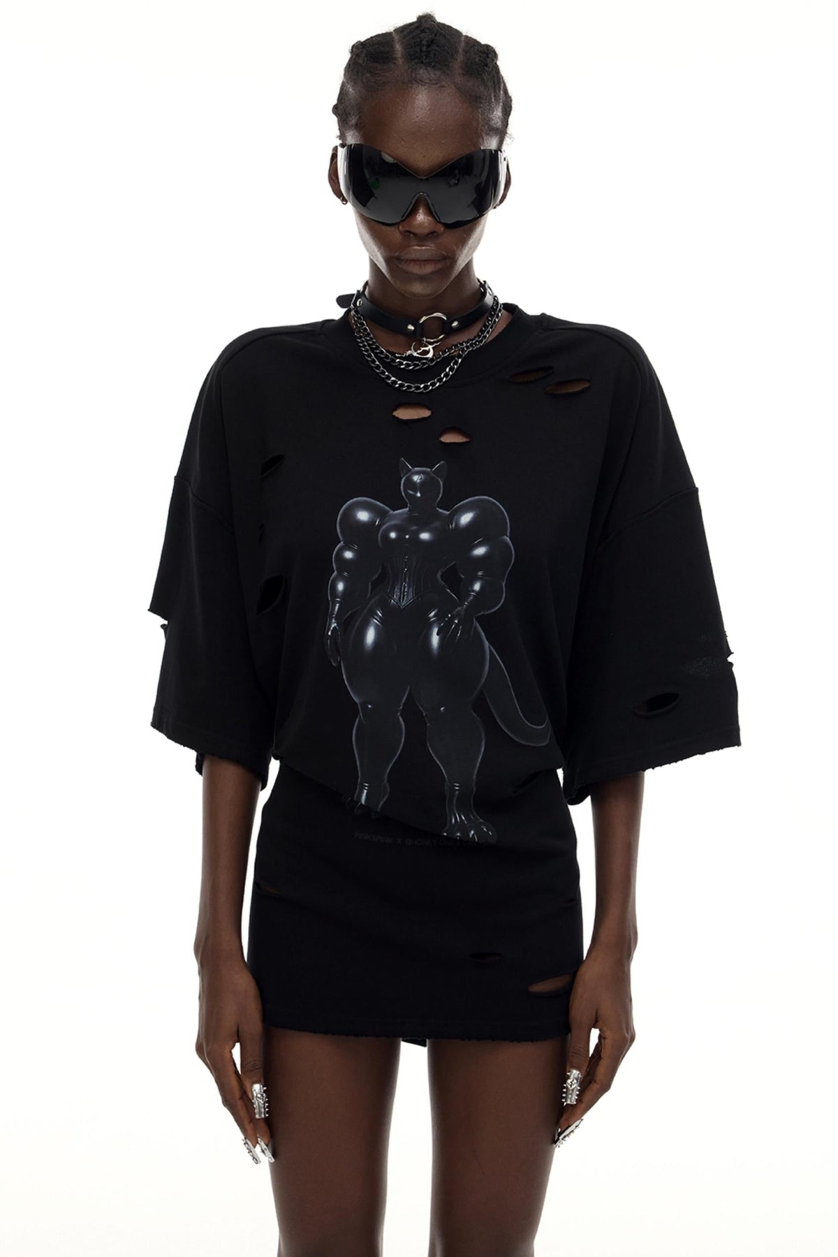 Cat Print Waist Black T-Shirt