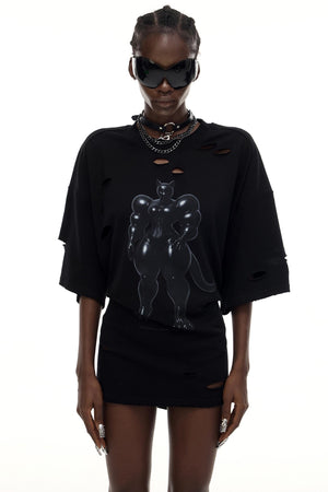 Cat Print Waist Black T-Shirt