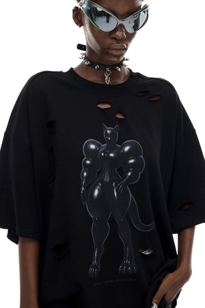 Cat Print Waist Black T-Shirt