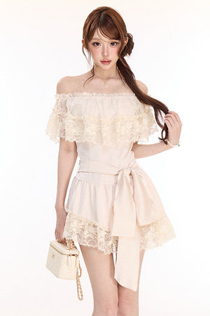 Champagne Satin Lace Off-Shoulder Dress