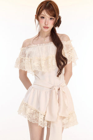 Champagne Satin Lace Off-Shoulder Dress