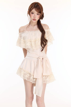 Champagne Satin Lace Off-Shoulder Dress