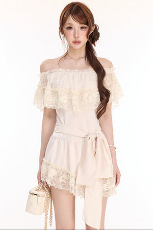 Champagne Satin Lace Off-Shoulder Dress