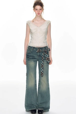 Checked Sleeveless One-Shoulder Shirt Set-Up