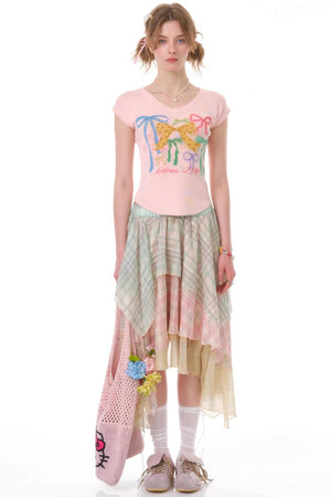 Cherry Blossom Plaid Chiffon Skirt
