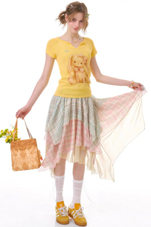 Cherry Blossom Plaid Chiffon Skirt