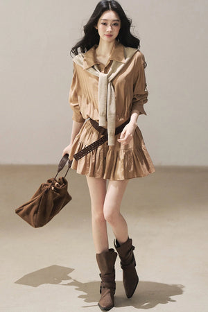 Chestnut Brown Shirt Dress And Pants Set-Up