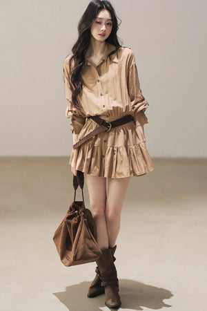 Chestnut Brown Shirt Dress And Pants Set-Up