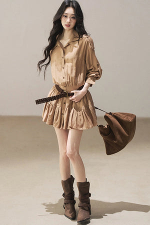 Chestnut Brown Shirt Dress And Pants Set-Up
