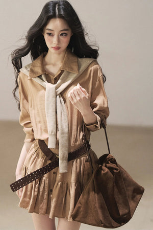 Chestnut Brown Shirt Dress And Pants Set-Up