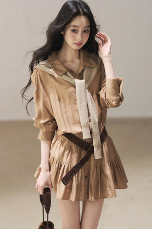Chestnut Brown Shirt Dress And Pants Set-Up