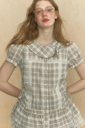 Chic Beige Stripe Lace Puff Sleeve Shirt