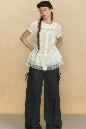 Chic Beige Stripe Lace Puff Sleeve Shirt