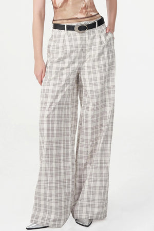 Chic White Plaid Casual Trousers