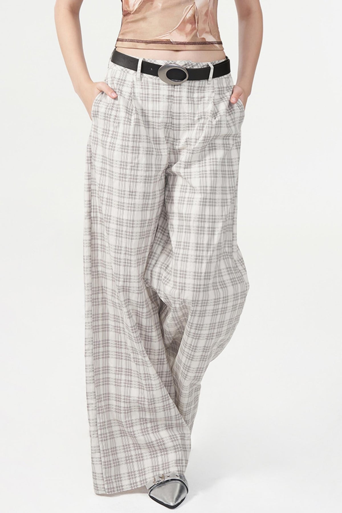 Chic White Plaid Casual Trousers