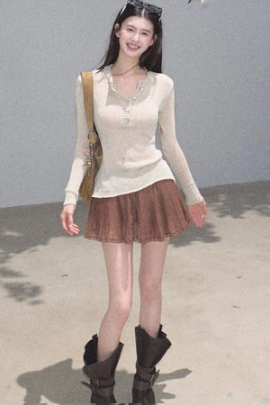 Chiffon Thin Lace Pleated Skirt