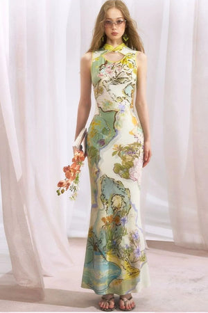 Chinese Style Ink Floral Cheongsam Dress