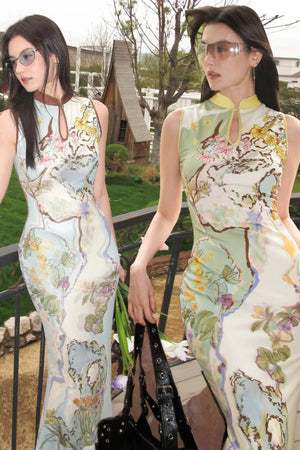 Chinese Style Ink Floral Cheongsam Dress