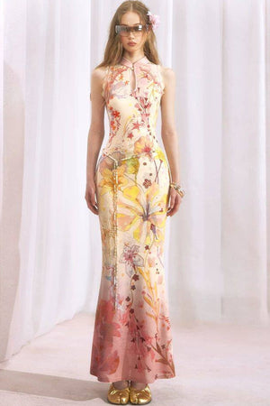 Chinese-Style Print Suspender Two-Piece Dress