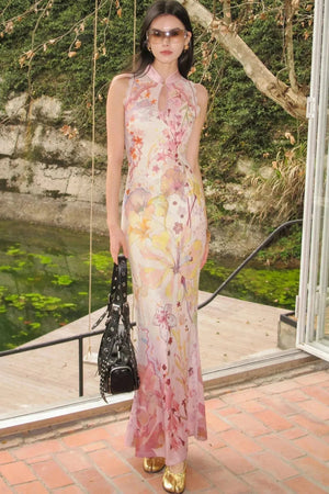 Chinese-Style Print Suspender Two-Piece Dress