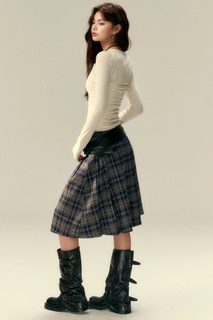 Classic Asymmetric Plaid Midi Skirt
