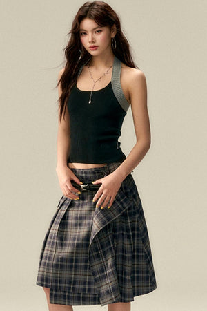 Classic Asymmetric Plaid Midi Skirt