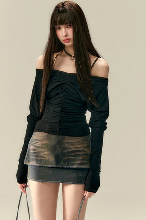 Classic Two-Piece Denim Straight Skirt