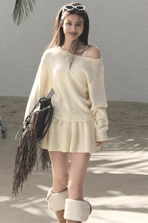 Coastal Notes Wool Off-Shoulder Dress