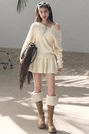 Coastal Notes Wool Off-Shoulder Dress