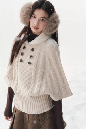 Coffee-Colored Fur Collar Cape Sweater