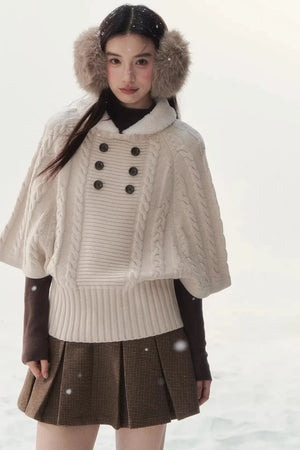 Coffee-Colored Fur Collar Cape Sweater