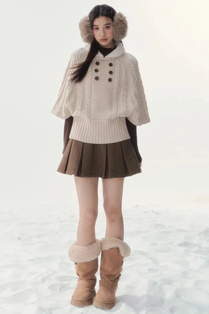 Coffee-Colored Fur Collar Cape Sweater