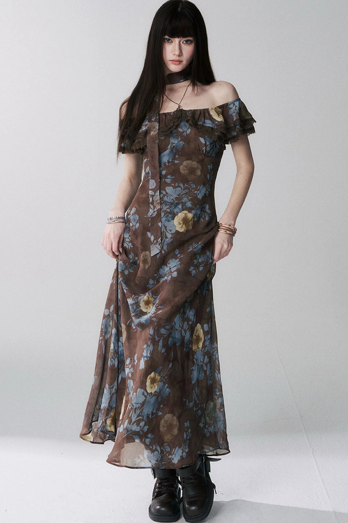 Coffee Floral One-Shoulder Dress