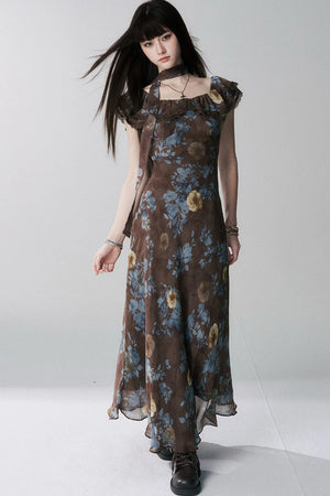 Coffee Floral One-Shoulder Dress