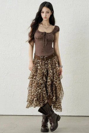 Coffee Leopard Chiffon Skirt