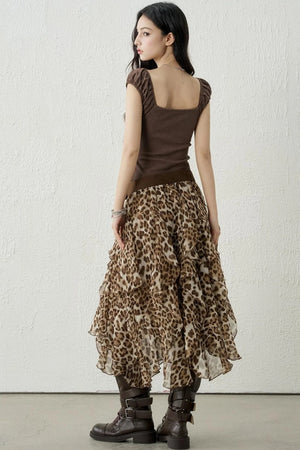 Coffee Leopard Chiffon Skirt