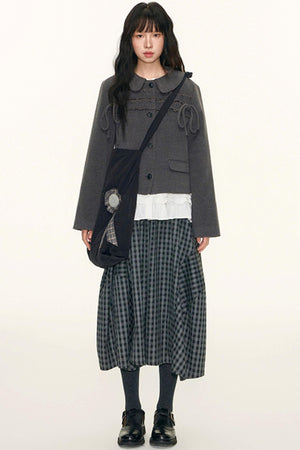 College Ruffle Woolen Suit Skirt Set-Up