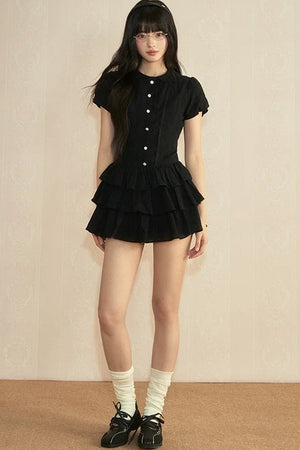College Style Puff Sleeve Shirt Dress