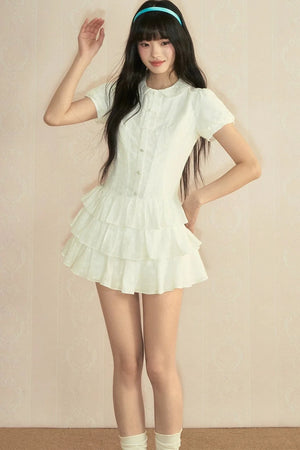 College Style Puff Sleeve Shirt Dress