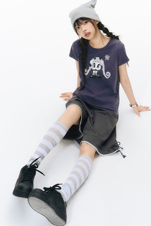 Color-Block Drawstring Elastic Waist Wide-Leg Mid-Length Shorts