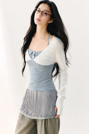 Color Block Halter Collar Long Sleeve Top