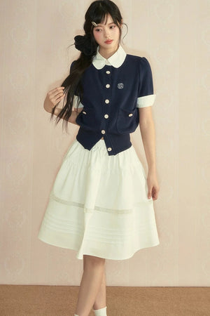Color-Block Knit Cardigan and Pleated Skirt Set-Up