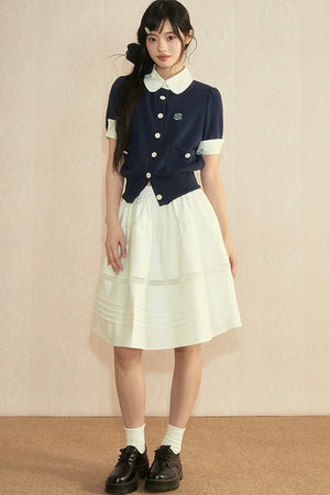 Color-Block Knit Cardigan and Pleated Skirt Set-Up
