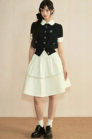 Color-Block Knit Cardigan and Pleated Skirt Set-Up