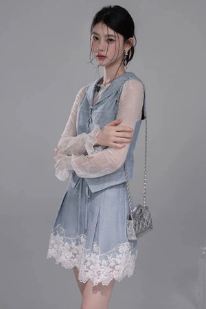 Color-Block Lace Vest Set