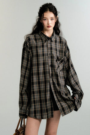 Color-Block Loose Check Long-Sleeved Shirt