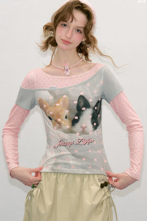 Color-Block Patchwork Rabbit Print Long Sleeve Top